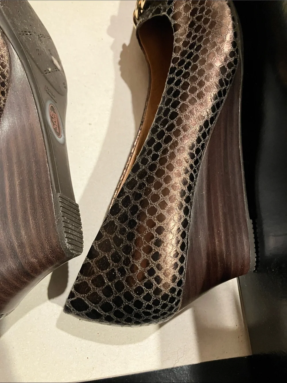 Sofft Metallic Black Snakeskin-Print Pointed Toe Wedges with Gold Chain